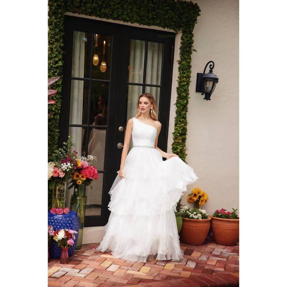 NEW AVA PRESLEY one shoulder tiered ruffle ball dress in off white